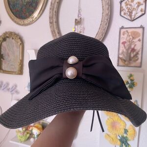 Elegant Black Wide-Brim Hat with Pearl Accents